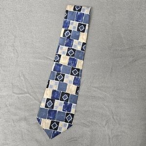 Conte di Milano Men's Neck Tie 100% Silk Blue Cream Geometric Pattern